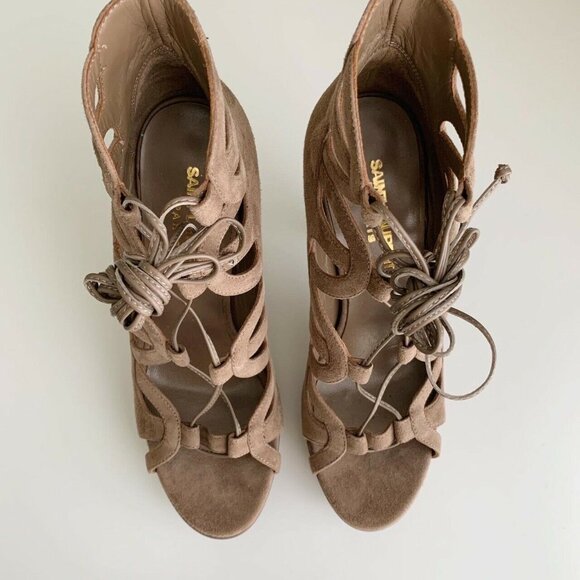 NEW YSL Saint Laurent Tribute Lace Up Platform Sandals in Taupe Suede Size 7 - Picture 1 of 7